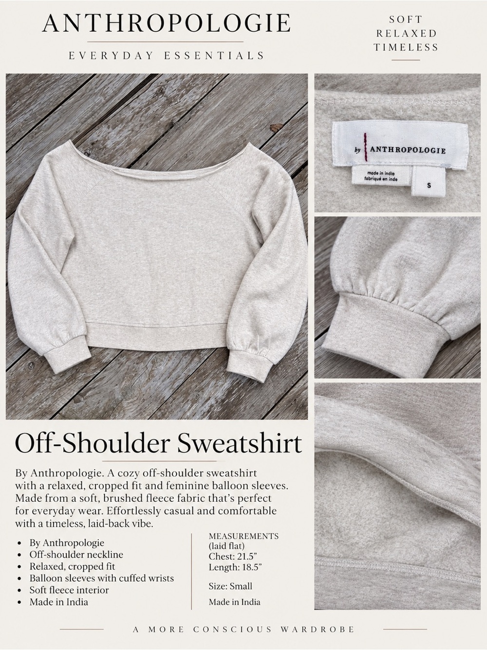 Anthropologie Off Shoulder Cropped Sweatshirt Balloon Sleeve Size Small